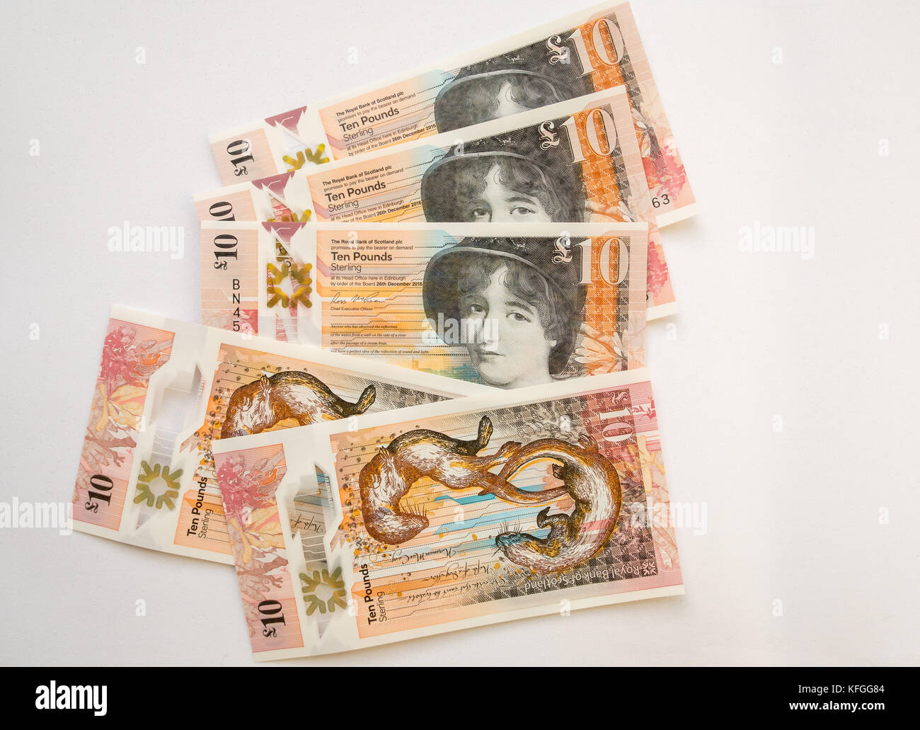 In der Nähe von Royal Bank of Scotland neue Kunststoff Polymer zehn Pfund £ 10 Banknote auf weißem Hintergrund Stockfoto