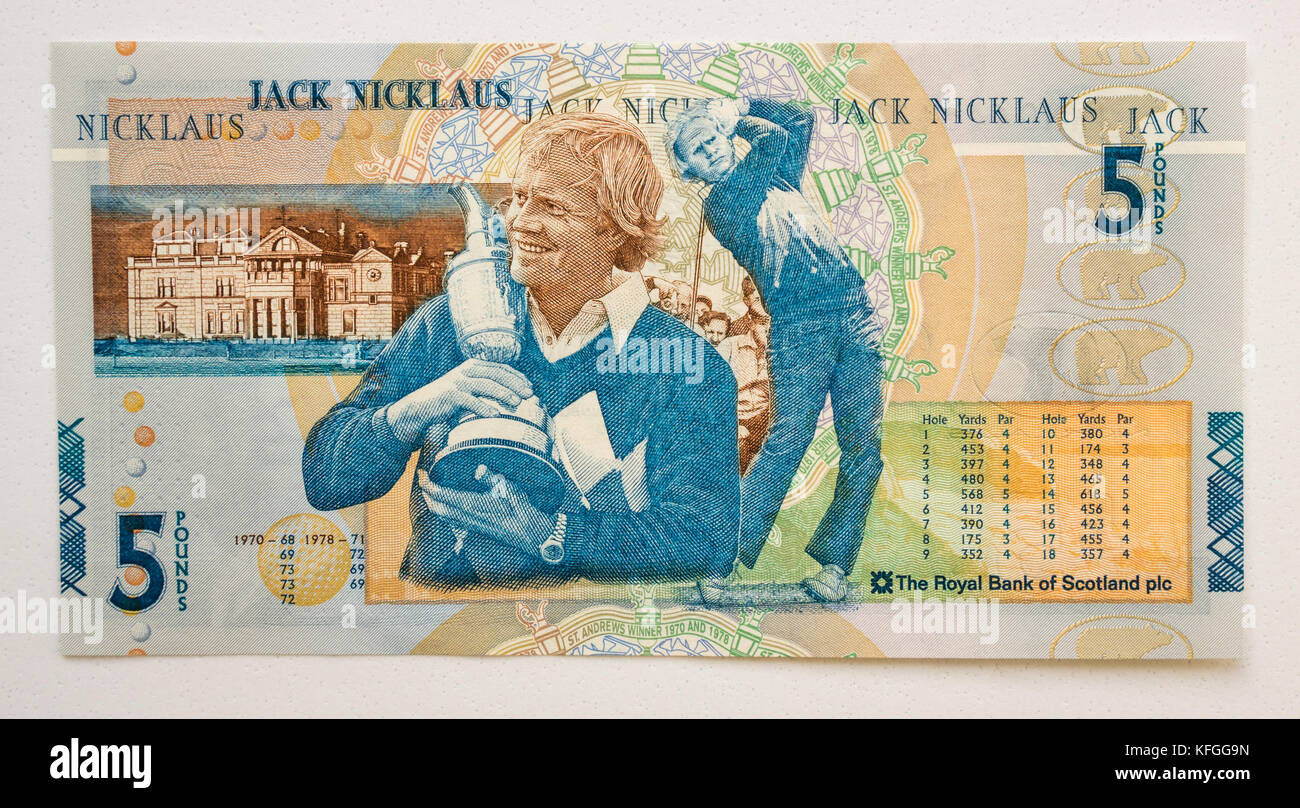 Royal Bank of Scotland £ 5 fünf Pfund Papier Banknote spezielle festschrift mit Golfer Jack Nicklaus, 14. Juli 2005 Stockfoto