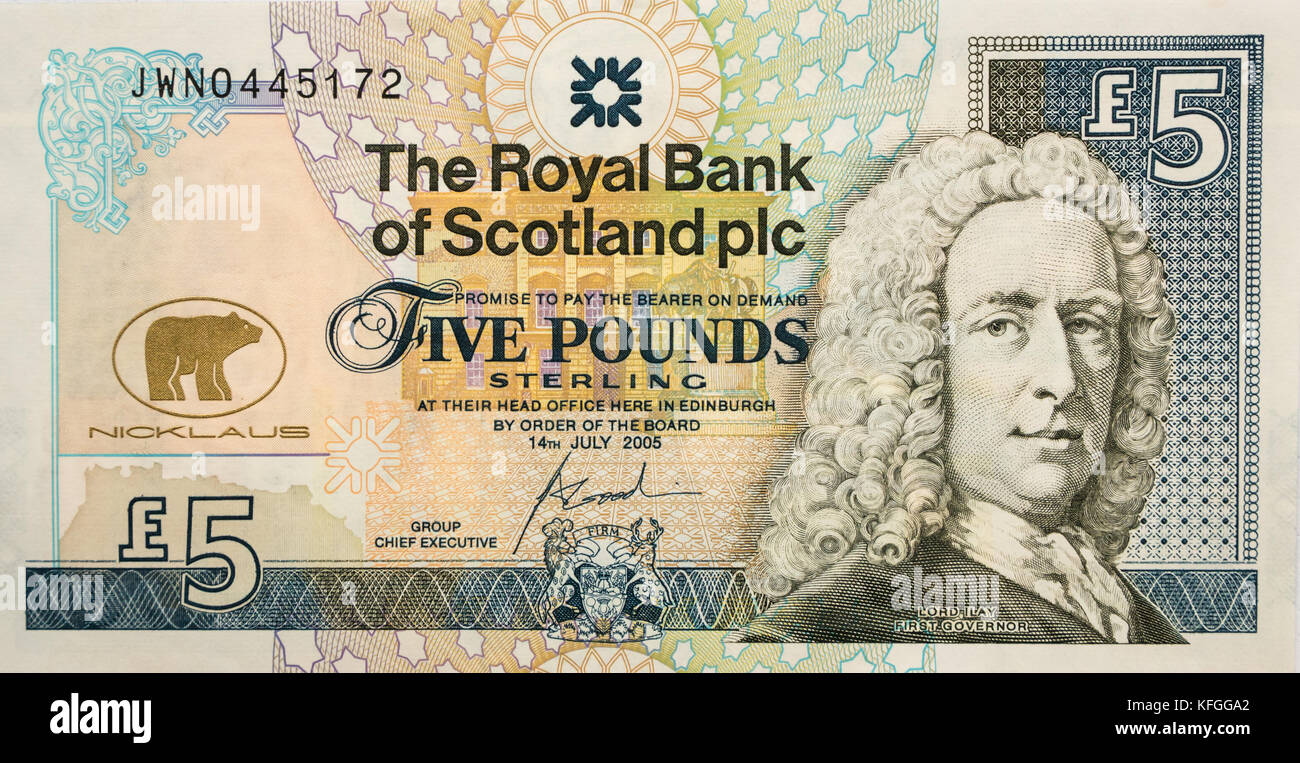 Royal Bank of Scotland £5 fünf Pfund Papier Banknote mit Bild von seinem ersten Gouverneur, Lord Lay Stockfoto