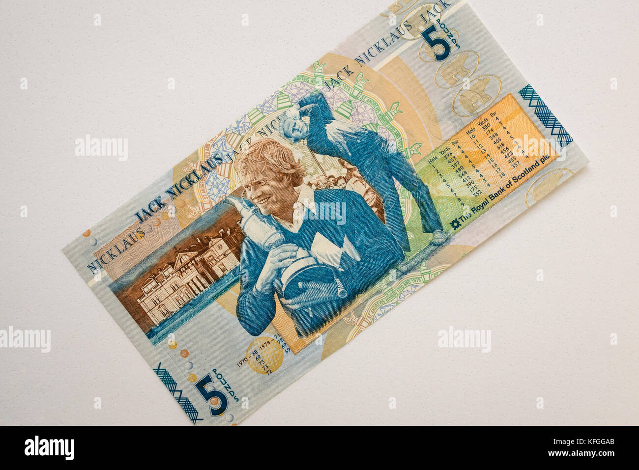 Royal Bank of Scotland £ 5 fünf Pfund Papier Banknote spezielle festschrift mit Golfer Jack Nicklaus, 14. Juli 2005 ausgestellt, weißer Hintergrund Stockfoto