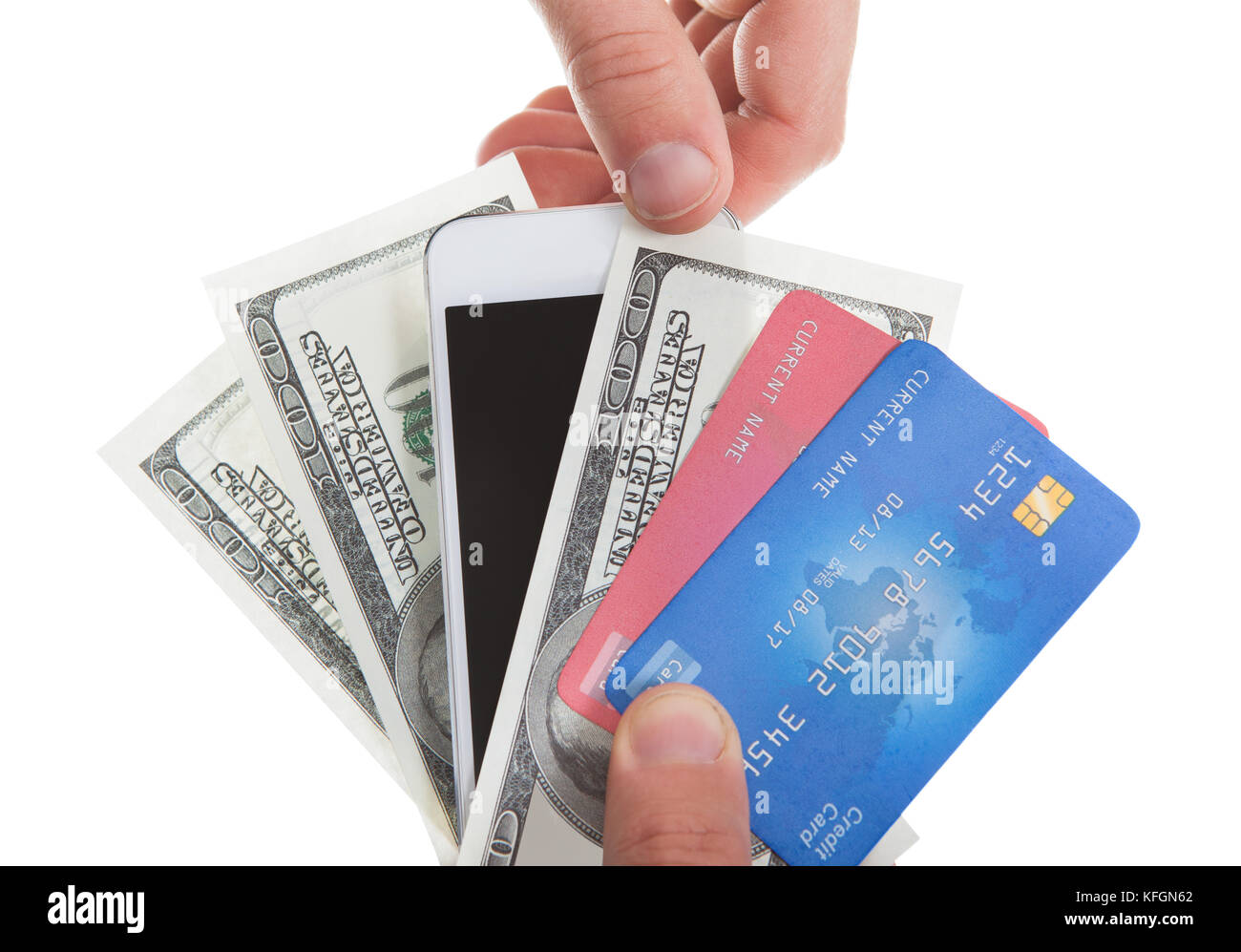 Hand Banknoten Kreditkarten und eine Tablette mit einem second hand Auswahl der Tablet als Methode der Kauf und die Bezahlung der Ware isolieren Stockfoto