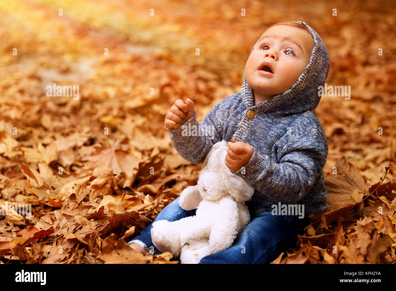 Kleiner Junge sitzt auf dem Boden mit trockenem Laub im Park bedeckt, mit Wunder suchen, um sich in der Sonne, spielte mit seinen weichen Spielzeug im Freien, Genießen Stockfoto
