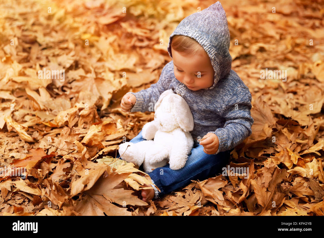 Süße baby boy Spaß im Herbst Park, auf dem Boden sitzend mit trockenen Blättern im Wald bedeckt, wenig Baby spielt mit seinem besten Freund, weich Stockfoto