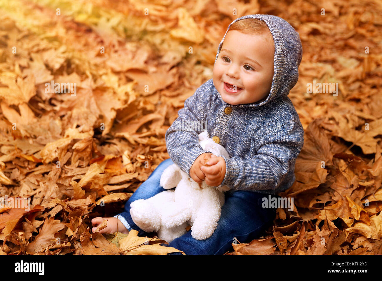 Süße kleine Baby Junge sitzt auf dem Boden mit trockenem Laub im Park bedeckt, wenig fröhliches Kind spielt mit Soft Toy im Herbst Garten Stockfoto