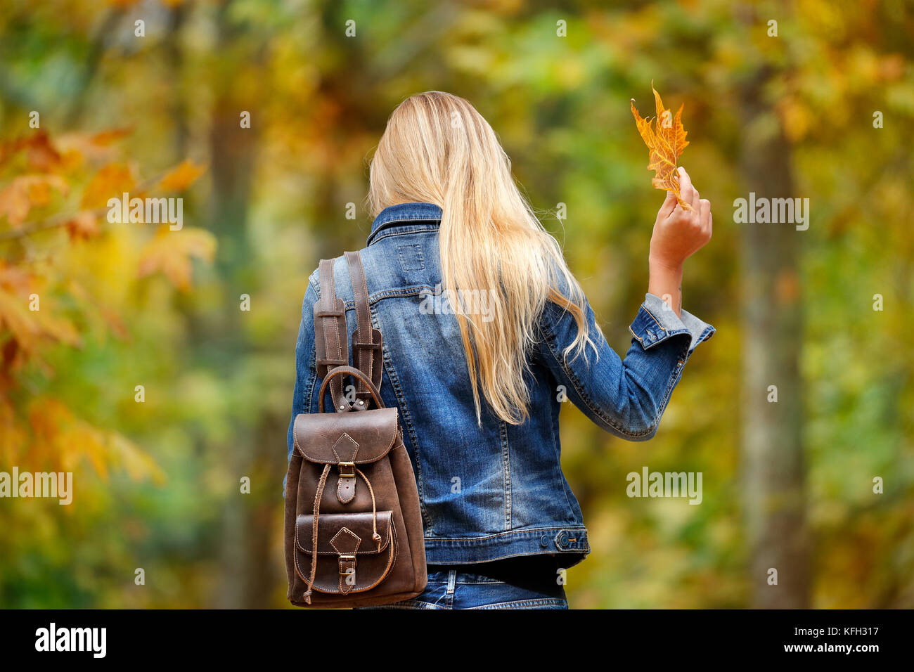 Ansicht der Rückseite ein blondes Mädchen zu Fuß in den Wald, Halten in der Hand trockenen Baum Blatt, Spaß im Herbst Park Stockfoto