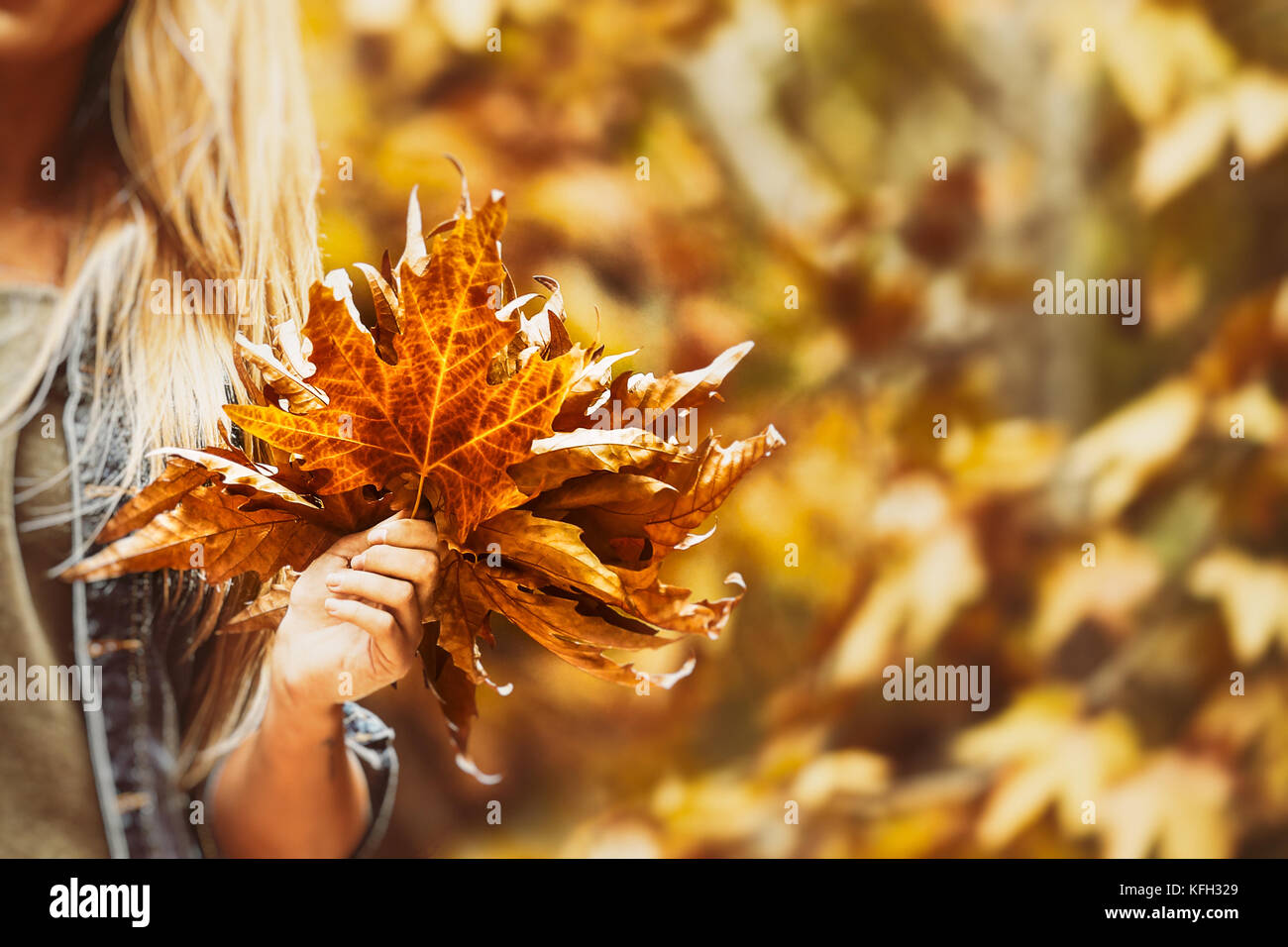 Glückliche Frau mit einem wunderschönen Blumenstrauß aus einem trockenen Ahornblätter in hellen, sonnigen Tag im Herbst Park, genießen fallen Ferienhäuser Stockfoto