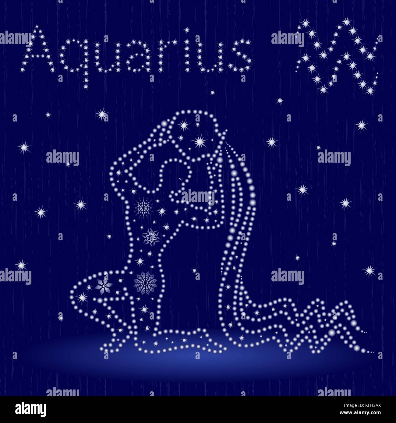 Sternzeichen Wassermann auf einem blauen Sternenhimmel, Hand gezeichnet Vector Illustration im Winter Motiv mit stilisierten Sternen und Schneeflocken über nahtlose Hintergrund Stock Vektor
