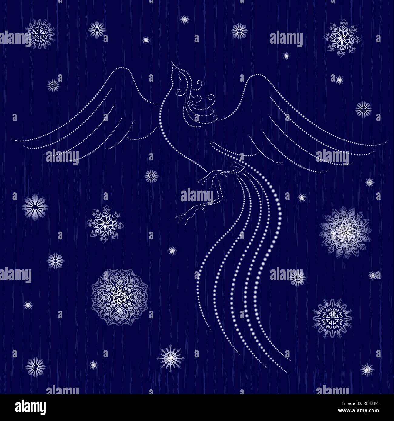 Schöne anmutige Firebird auf Winter Motiv abstrakte nahtlose blauen Hintergrund mit Schneeflocken, hand Zeichnung Vector Illustration Stock Vektor