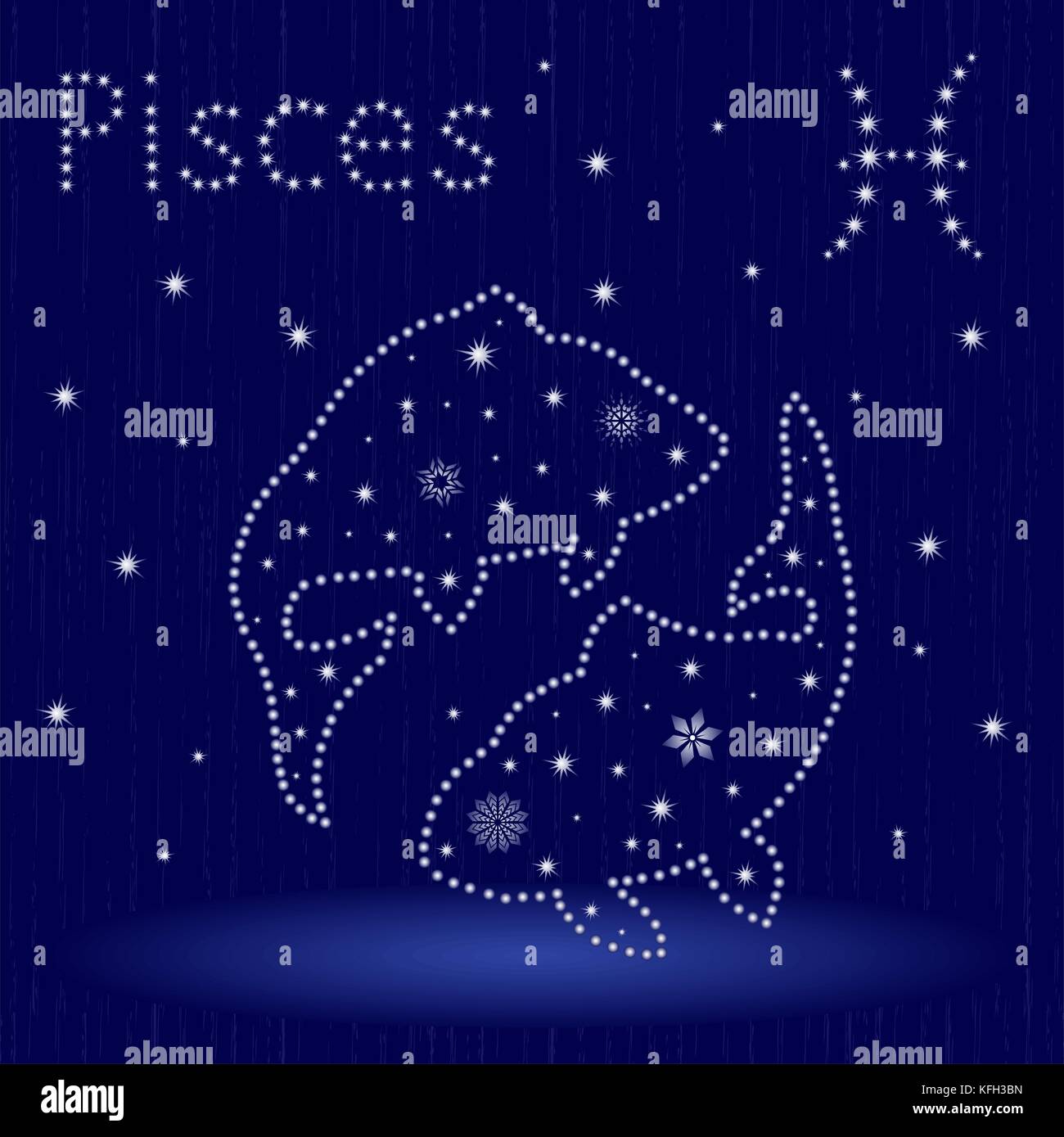 Sternzeichen Fische auf einem blauen Sternenhimmel, Hand gezeichnet Vector Illustration im Winter Motiv mit stilisierten Sternen und Schneeflocken über nahtlose Hintergrund Stock Vektor