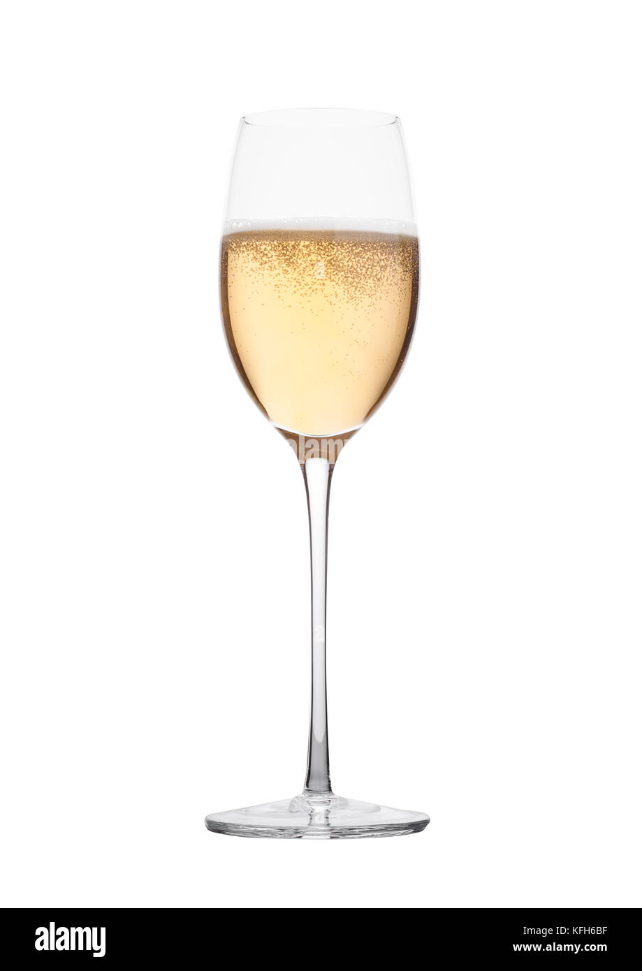 Champagner Glas mit Blasen auf weißem Hintergrund Stockfoto