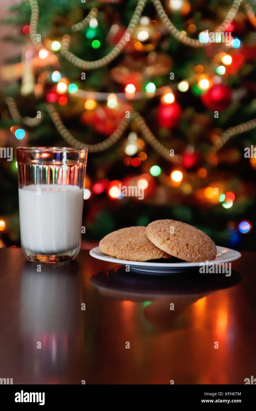 Weihnachten Kekse und Milch mit Hinweis für Santa vor der Lichter des