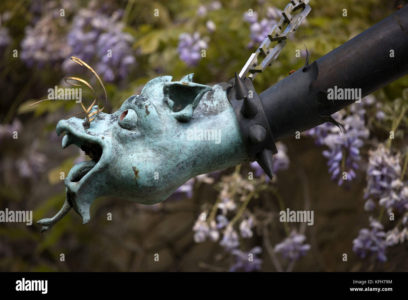 Dragon konfrontiert Ablaufschlauch an der Außenseite von St. Nicholas Kirche, Hatherop, Cotswolds, Gloucestershire, England, Vereinigtes Königreich, Europa Stockfoto