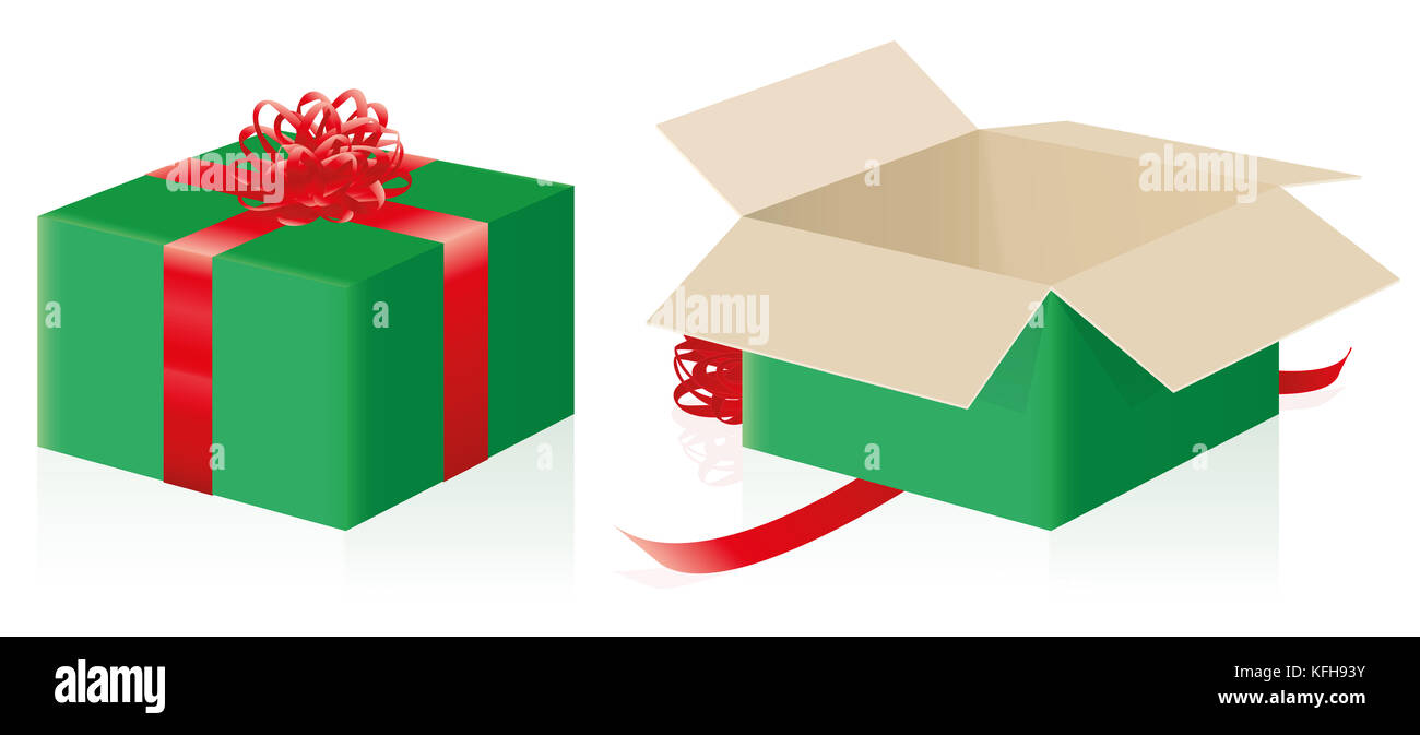 Geschenkpaket - geschlossen, wickelte Pack und öffnete Weihnachtsgeschenk - Dreidimensionale Darstellung auf weißem Hintergrund. Stockfoto