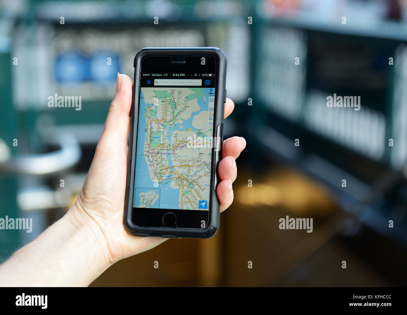 U-Bahn Karte app Anwendung auf Handy, New York City Stockfoto