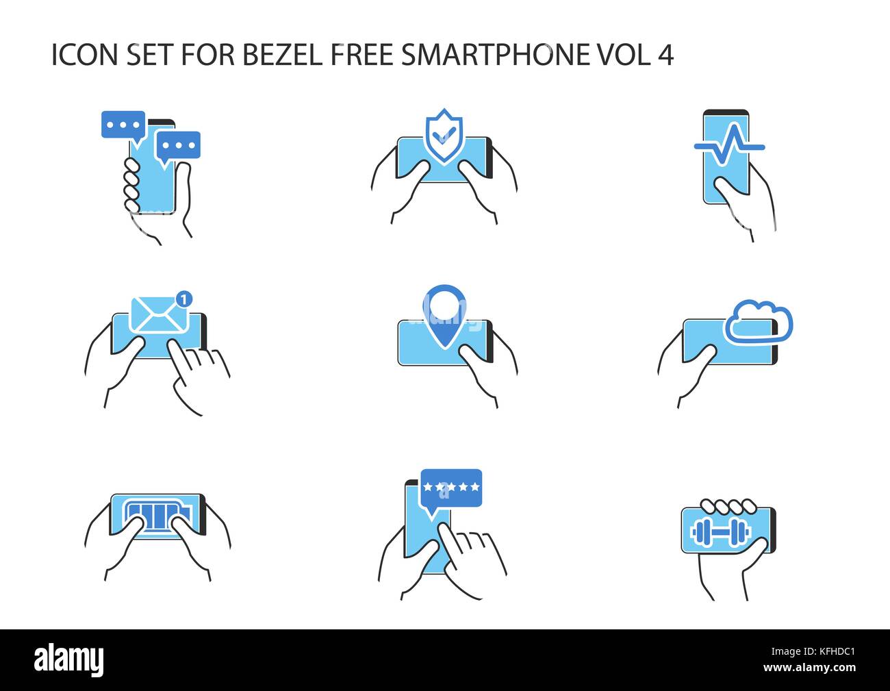 Vektor Icon Set von Hand mit rahmenlosen Smartphone in verschiedenen Positionen mit app Symbole für Instant Messaging, Chat, E-Mail, Standort, Karten, Cloud Stock Vektor