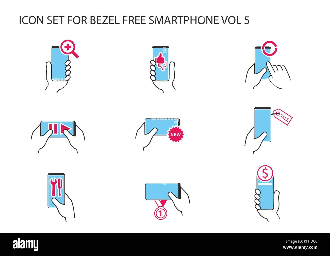 Vektor Icon Set von Hand mit rahmenlosen Smartphone in verschiedenen Positionen mit app Symbole für Wie, Abneigung, Streaming, Online-Banking, neue, synchr Stock Vektor