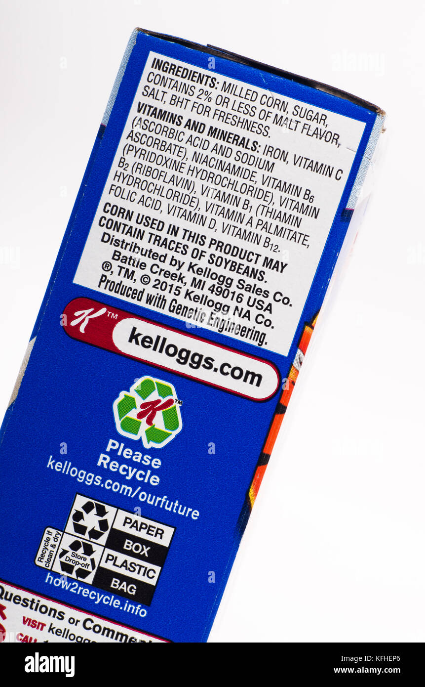 Zutat Label auf Kellogg's Frosted Flakes Müsli box Stockfoto