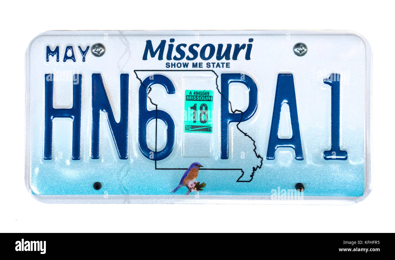 Missouri License Plate, Kennzeichen. Missouri Show Me State Kennzeichen. Stockfoto
