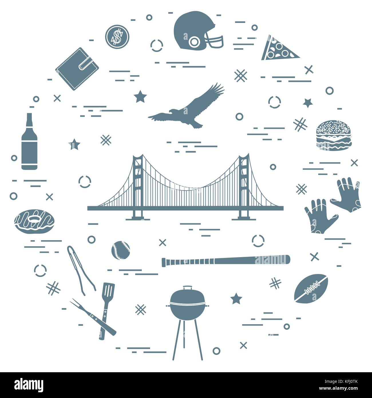 Symbole der USA: Golden Gate, Hängebrücke und Soaring Eagle, Whiskey, Donut, Portemonnaie, Dollar, Helm und Handschuhe für American Football, der Hamburger a Stock Vektor