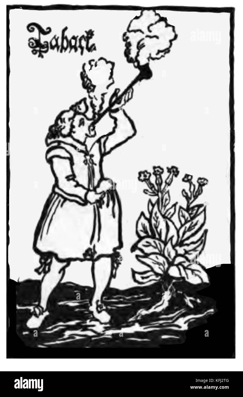 Geschichte des Tabaks - ein Holzschnitt aus dem 18. Jahrhundert, ein Raucher und eine Tabakpflanze. Stockfoto