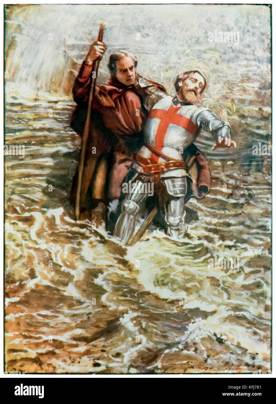 "Hoffnungsvolles hilft Christen zu den Fluss "Kreuz aus "Fortschritte der Pilger aus dieser Welt, zu dem, was noch kommen wird" von John Bunyan (1628-1688). Illustration von Byam Shaw (1872-1919), die Pilger überqueren Sie den Fluss des Todes, der letzte Test des Glaubens. Weitere Informationen finden Sie unten. Stockfoto