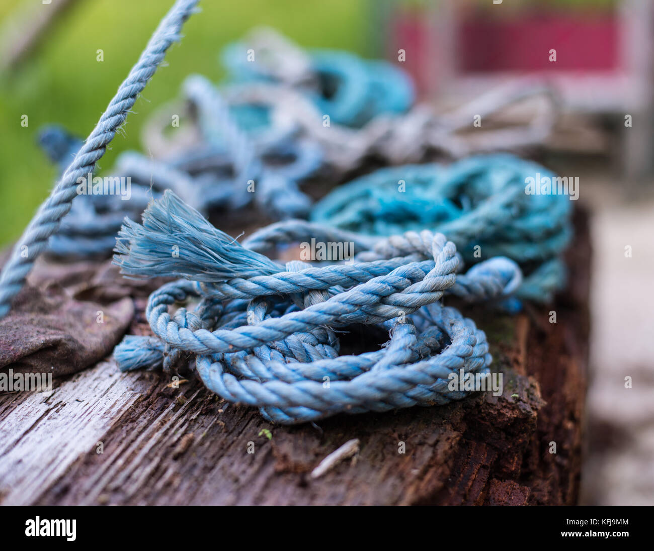 Blau Spiralkabel Seil auf Holz Stockfoto