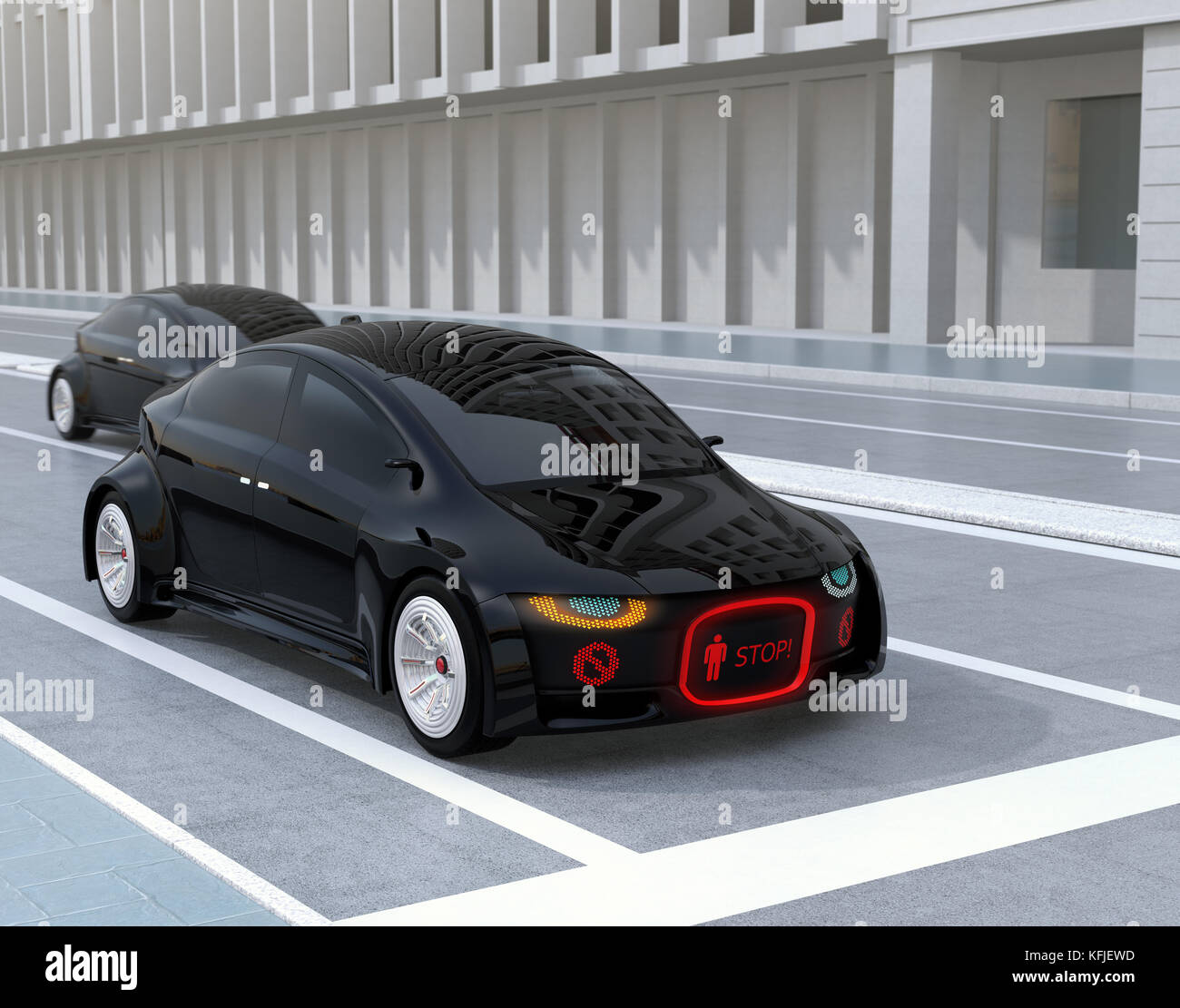 Selbst das Auto Frontgrill mit Digital Signage für Fußgänger. Konzept für die Kommunikation zwischen autonomen für Autofahrer und Fußgänger Stockfoto