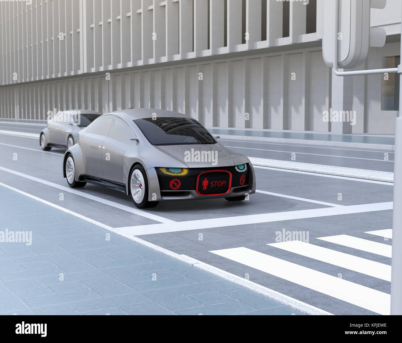 Selbst das Auto Frontgrill mit Digital Signage für Fußgänger. Konzept für die Kommunikation zwischen autonomen für Autofahrer und Fußgänger Stockfoto