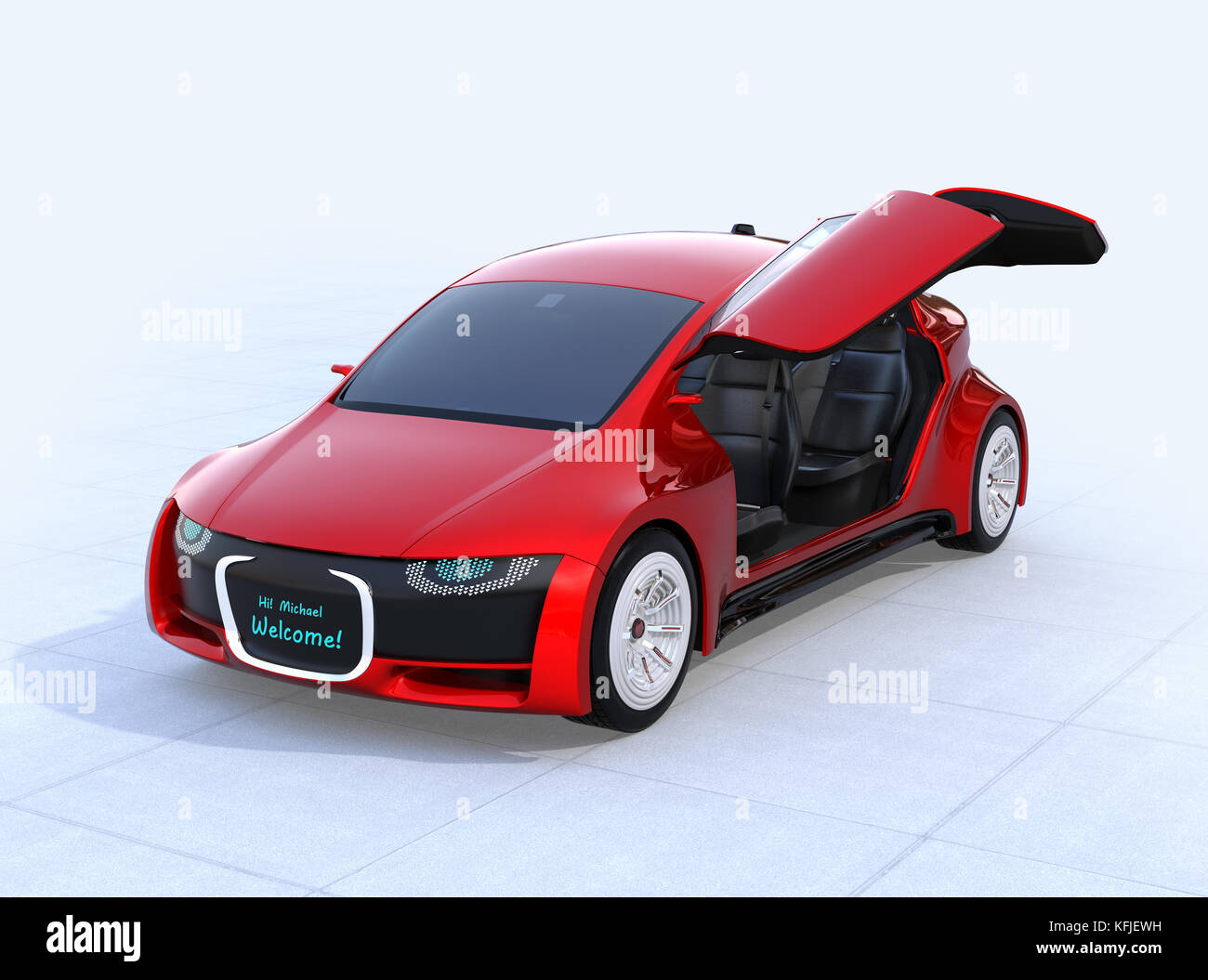 Selbst das Auto Frontgrill, Digital Signage, wenn Türen entriegelt. Konzept für die Kommunikation zwischen autonomen Auto und Fahrer Stockfoto