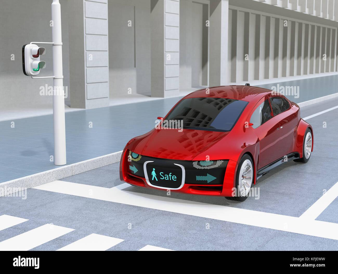 Selbst das Auto Frontgrill mit Digital Signage für Fußgänger. Konzept für die Kommunikation zwischen autonomen, Autofahrer und Fußgänger. 3d-rend Stockfoto