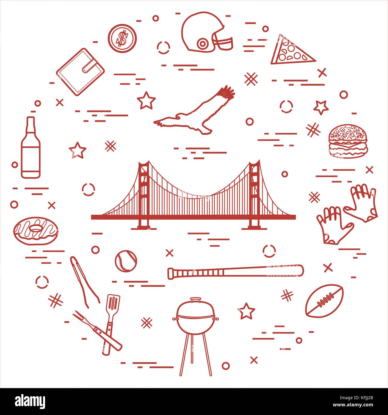 Symbole der USA: Golden Gate, Hängebrücke und Soaring Eagle, Whiskey, Donut, Portemonnaie, Dollar, Helm und Handschuhe für American Football, der Hamburger a Stock Vektor