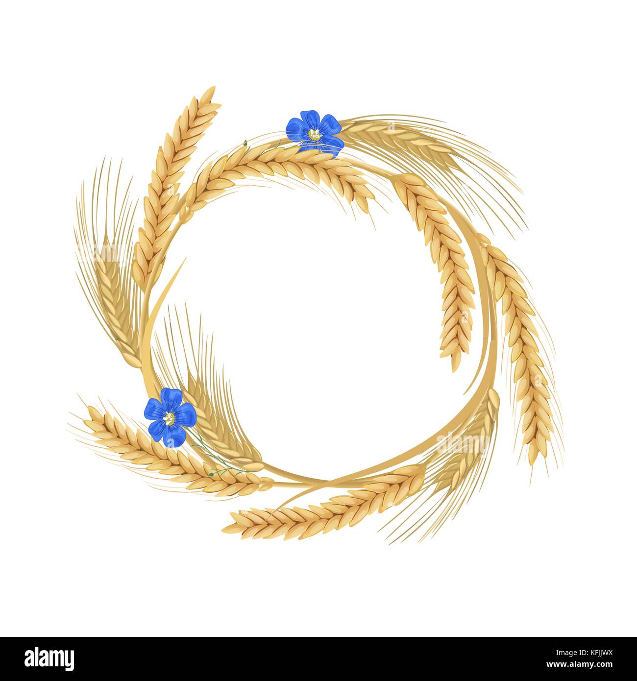 Kranz aus Flachs Blumen-, Weizen-, Gerste-, Hafer und Roggen Getreide mit spitzen Ohren und freier Speicherplatz Stock Vektor