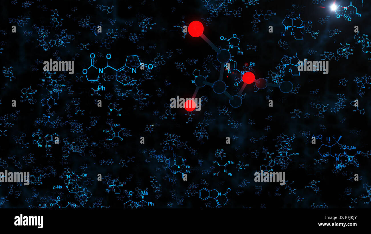 Eine erstaunliche 3D-Rendering von Schwarz und Rot Molekülstrukturen auf dem schwarzen Hintergrund mit weißen funkelnden, blauen Formeln und Briefe. Der bl Stockfoto