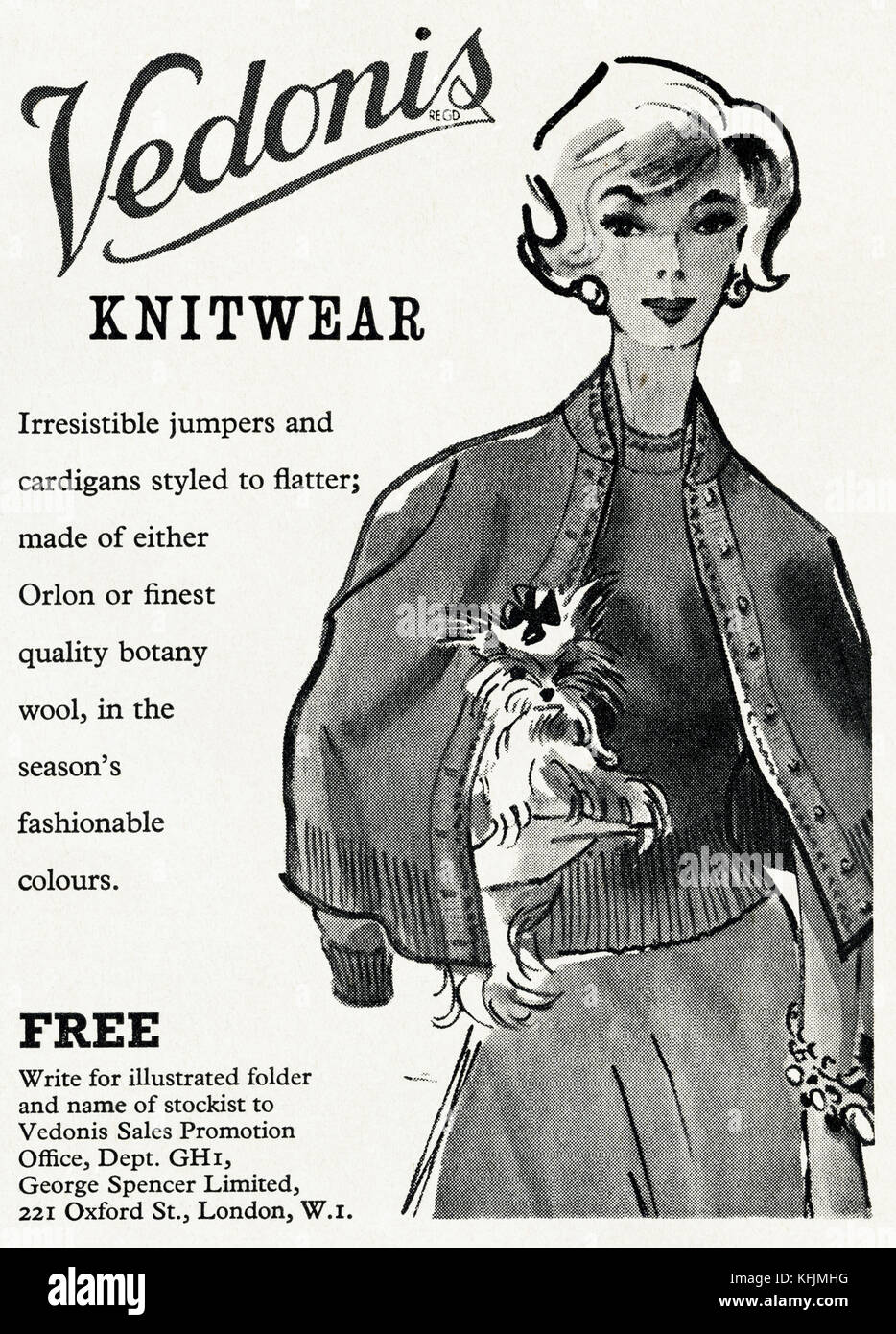 1950er alte alte alte Originalwerbung im britischen Magazin Printwerbung für Damen Strickmode in Orlon oder Botaniewolle von Vedonis aus dem 1958. UK Stockfoto