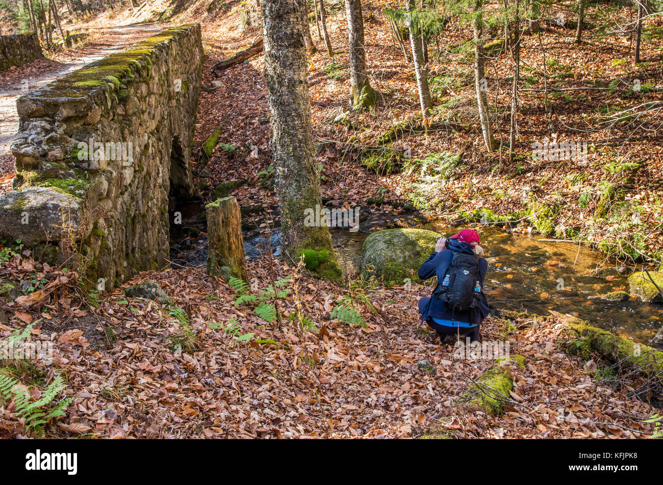 Frau unter Foto, alte steinerne Brücke auf dem Weg zur santanoni große Lager Stockfoto