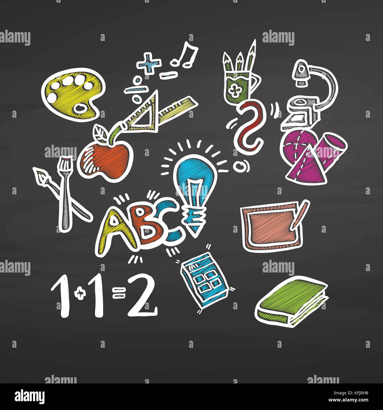 Zurück zur Schule farbige Kreide Gekritzel auf schiefertafel. Handdrawn vektor Skizze, saubere Konturen, Vintage Style Tafel. Stock Vektor