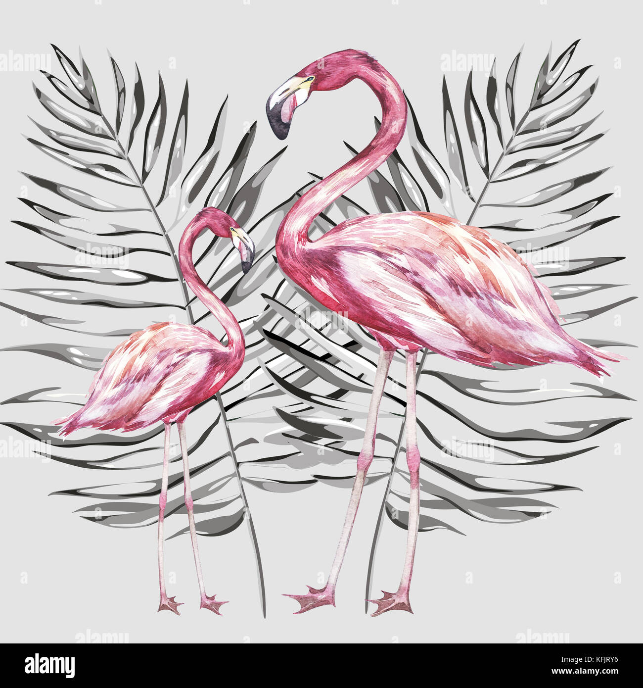 Zwei Flamingos mit tropischen Blättern. Element für die Gestaltung von Einladungen, Filmplakate, Stoffen und anderen Objekten. Stockfoto