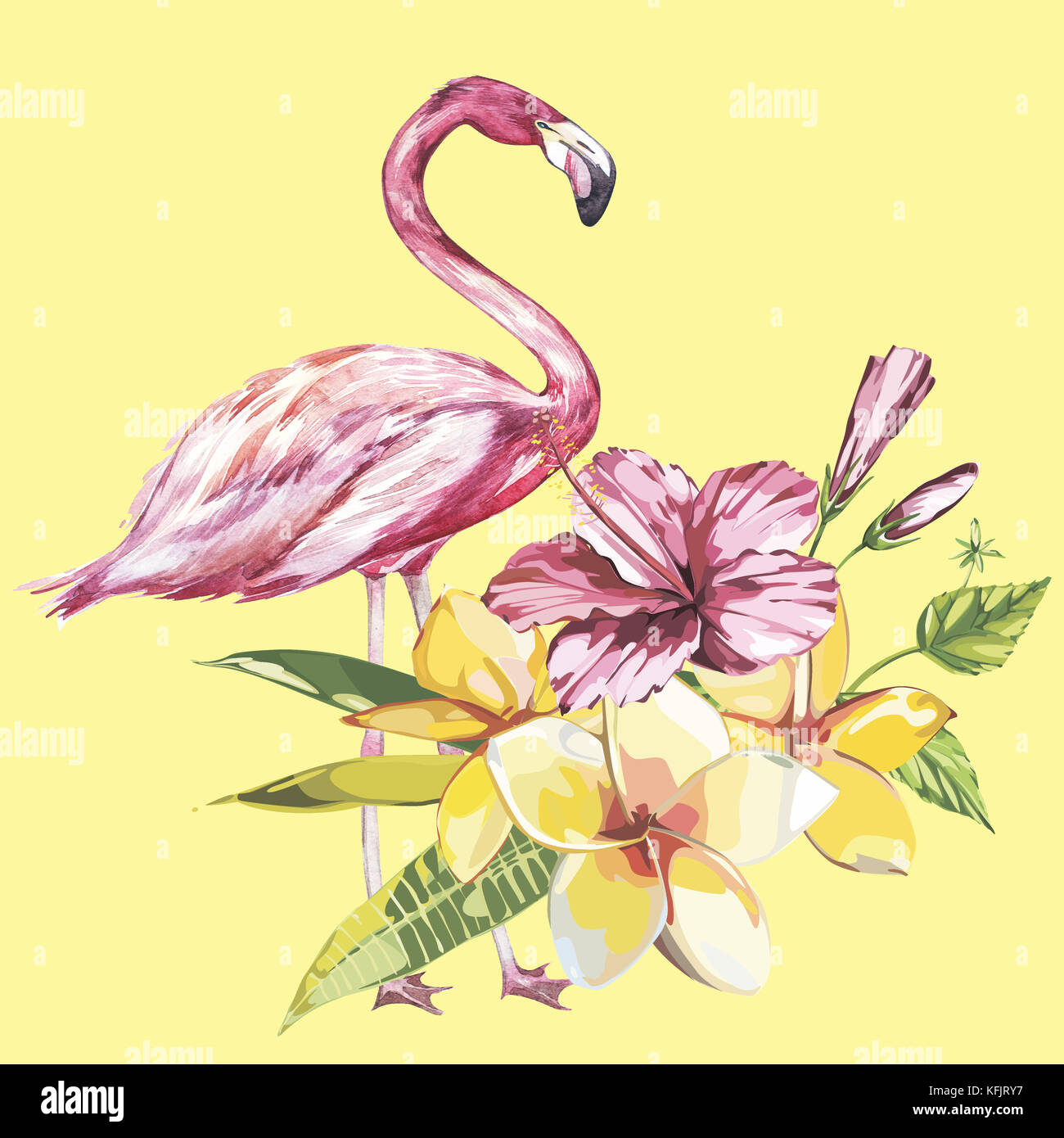 Flamingo mit tropischen Blumen. Element für die Gestaltung von Einladungen, Filmplakate, Stoffen und anderen Objekten. Stockfoto