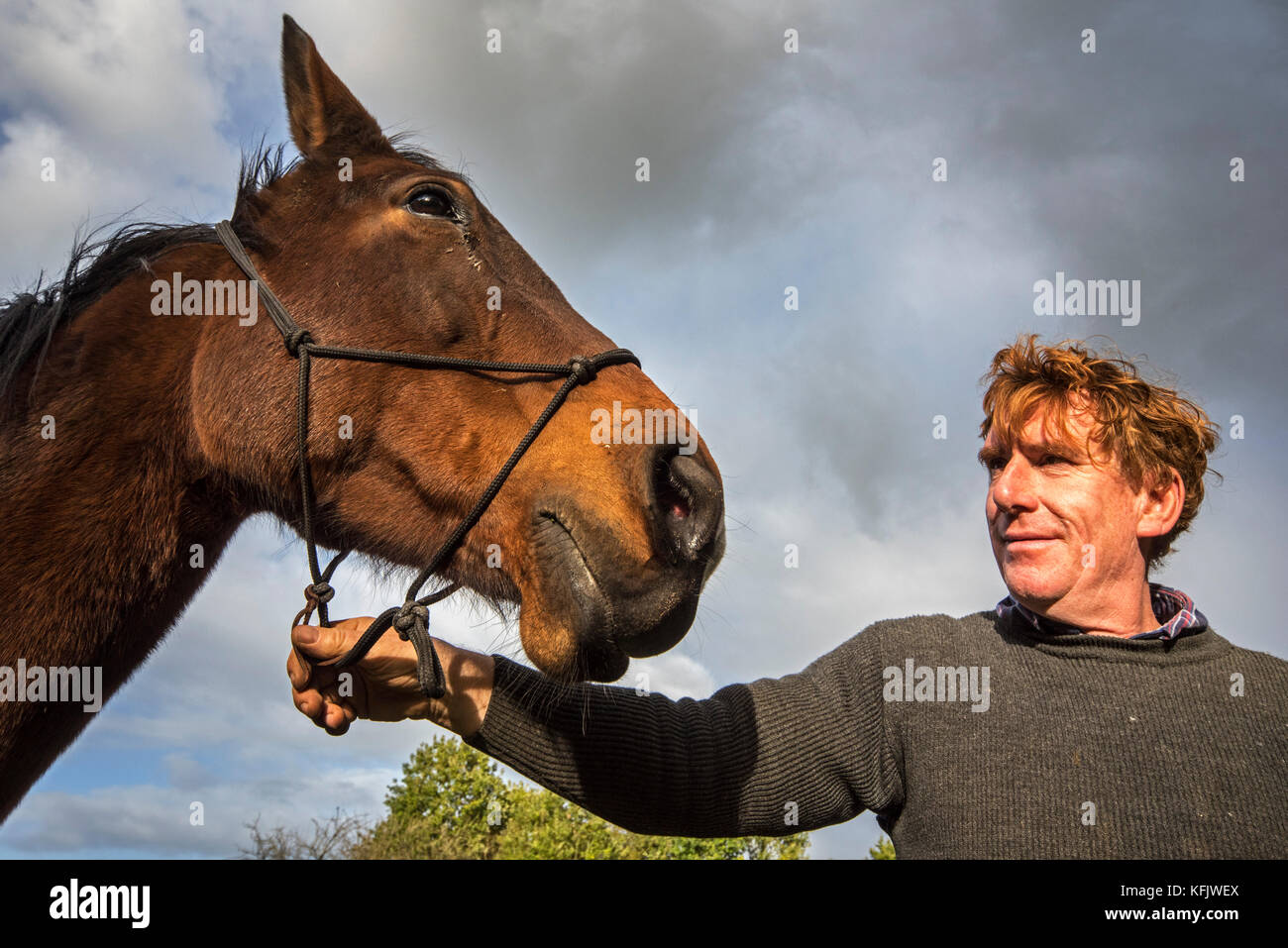 Nahaufnahme Portrait von lächelnden Mann/Eigentümer Holding braun Warmblut Pferd im Freien Stockfoto