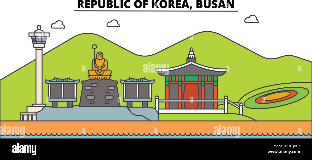Südkorea, busan Überblick City Skyline, lineare Abbildung, Banner, Reisen, Sehenswürdigkeiten, Gebäuden Silhouette, Vektor Stock Vektor