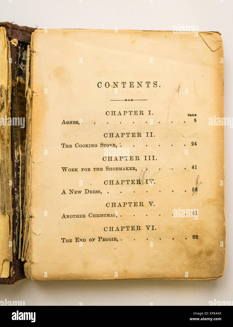 Inhalt Seite 1860 Jahre American Old Vintage Children's Story Book mit dem Namen Harlie Stories Wild Peggie und getragenem Hardcover Stockfoto