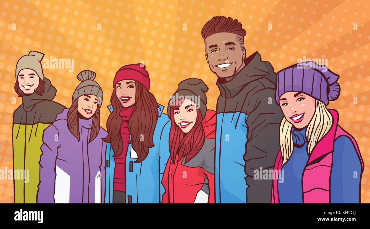Portrait von lächelnden Gruppe von Menschen tragen Winter Kleidung über bunte Retro Stil Hintergrund mix Rennen junge Erwachsene Stock Vektor
