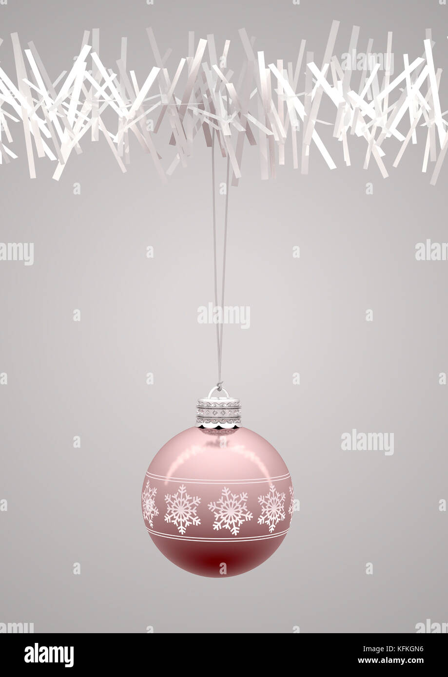 Rose Gold Weihnachtskugeln mit fein verzierten Schneeflocke Muster hängen von einer gefälschten White christmas tree branch - 3D-Render eingerichtet Stockfoto