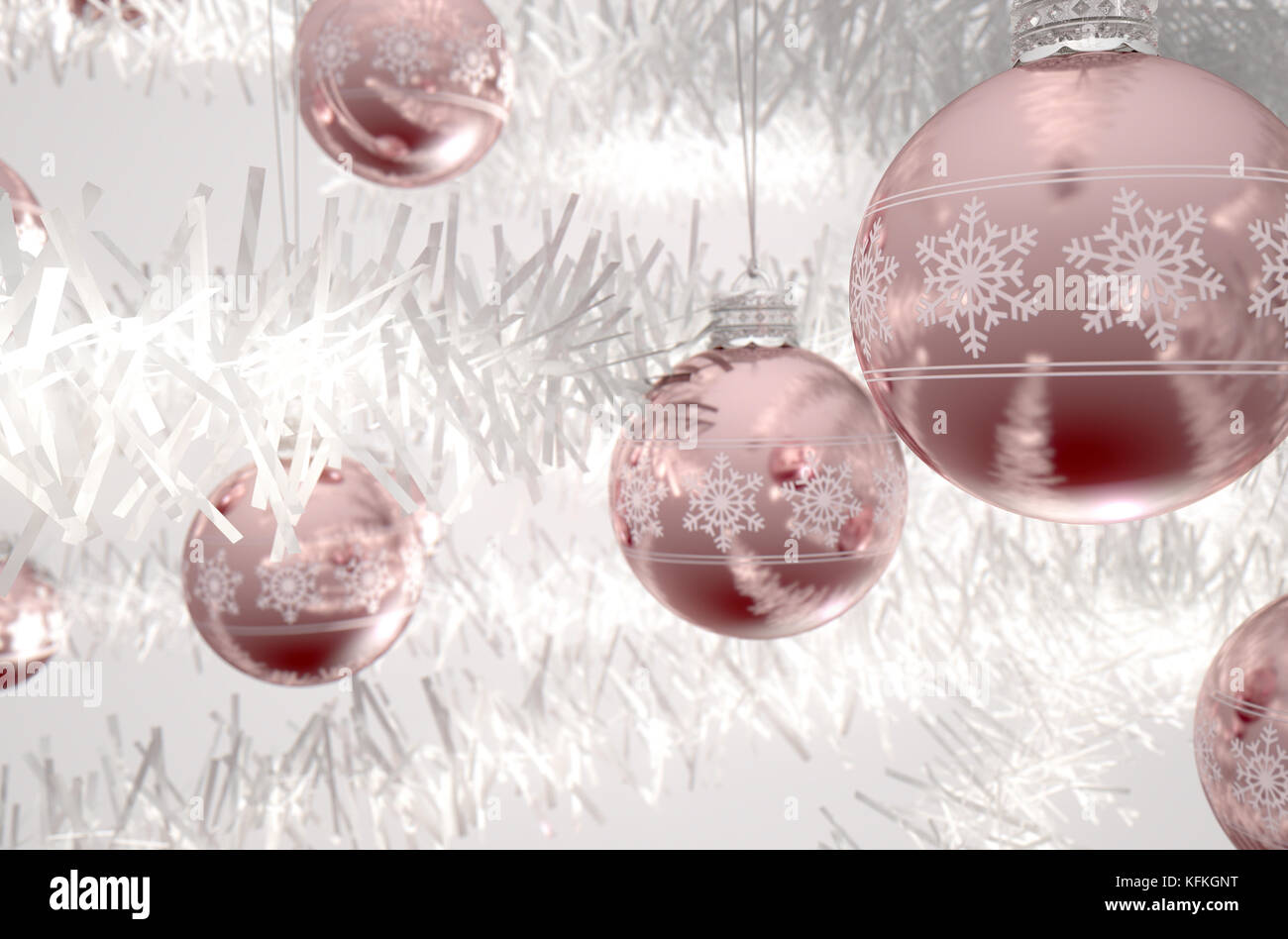 Rose Gold Weihnachtskugeln mit fein verzierten Schneeflocke Muster hängen von einer gefälschten weiße Weihnachten - 3D-Render eingerichtet Stockfoto