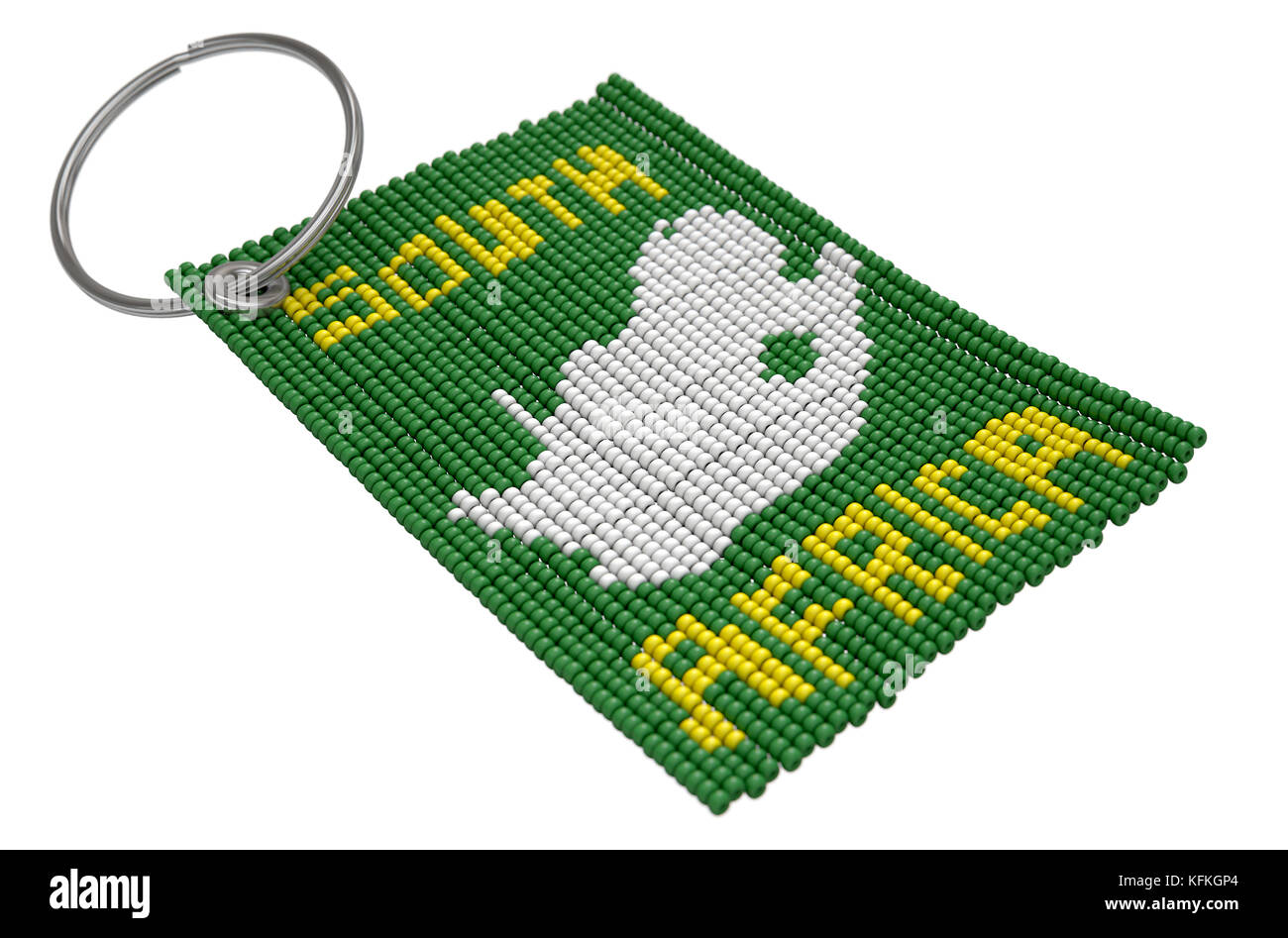 Ein traditionelles Zulu Glasperlen Schlüsselanhänger mit den Worten und Land Formen von Südafrika auf einem isolierten weißen Hintergrund - 3D-Rendering Stockfoto