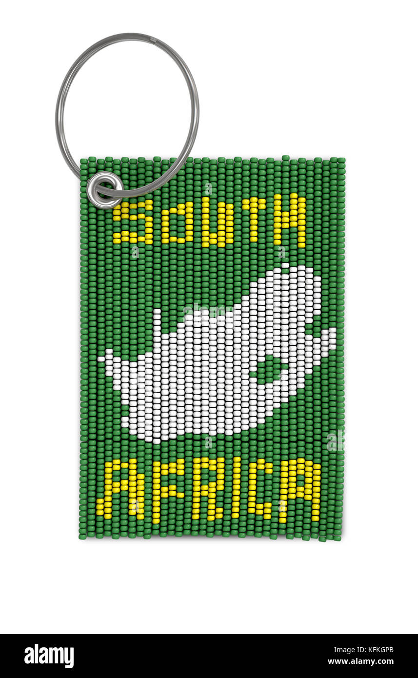 Ein traditionelles Zulu Glasperlen Schlüsselanhänger mit den Worten und Land Formen von Südafrika auf einem isolierten weißen Hintergrund - 3D-Rendering Stockfoto