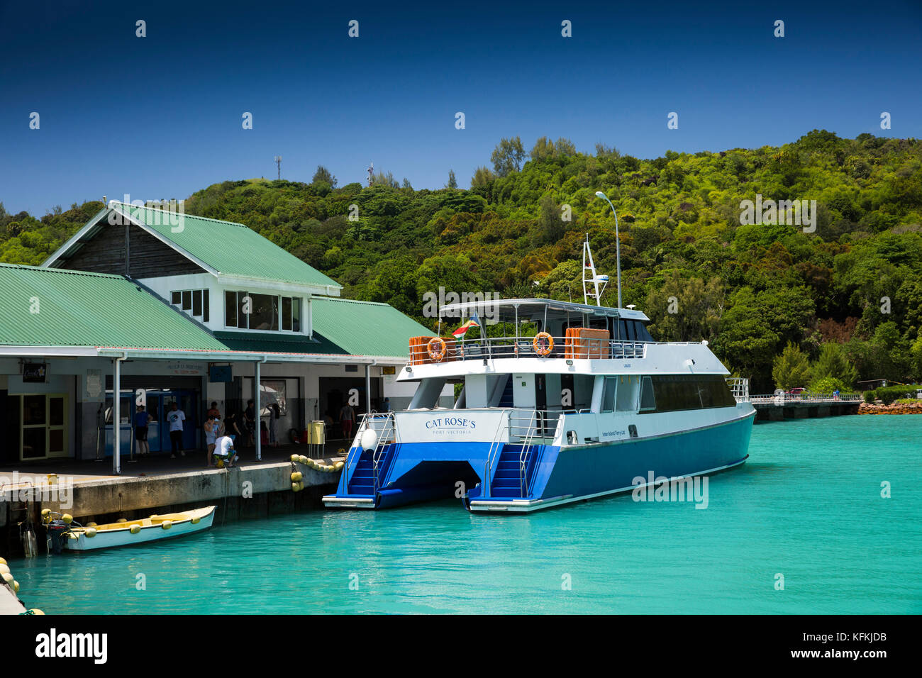 Sey 260 Seychellen, Praslin, Baie St. Anne, jetty, Port Victoria, Katze Rose Inter Island Fähre Katamaran Stockfoto