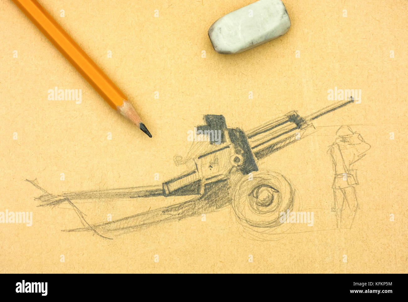 Cannon. Bleistift Zeichnung mit gelben Bleistift und Radiergummi. close-up. Stockfoto Cannon. Bleistift Zeichnung mit gelben Bleistift und Radiergummi. close-up. Stockfoto