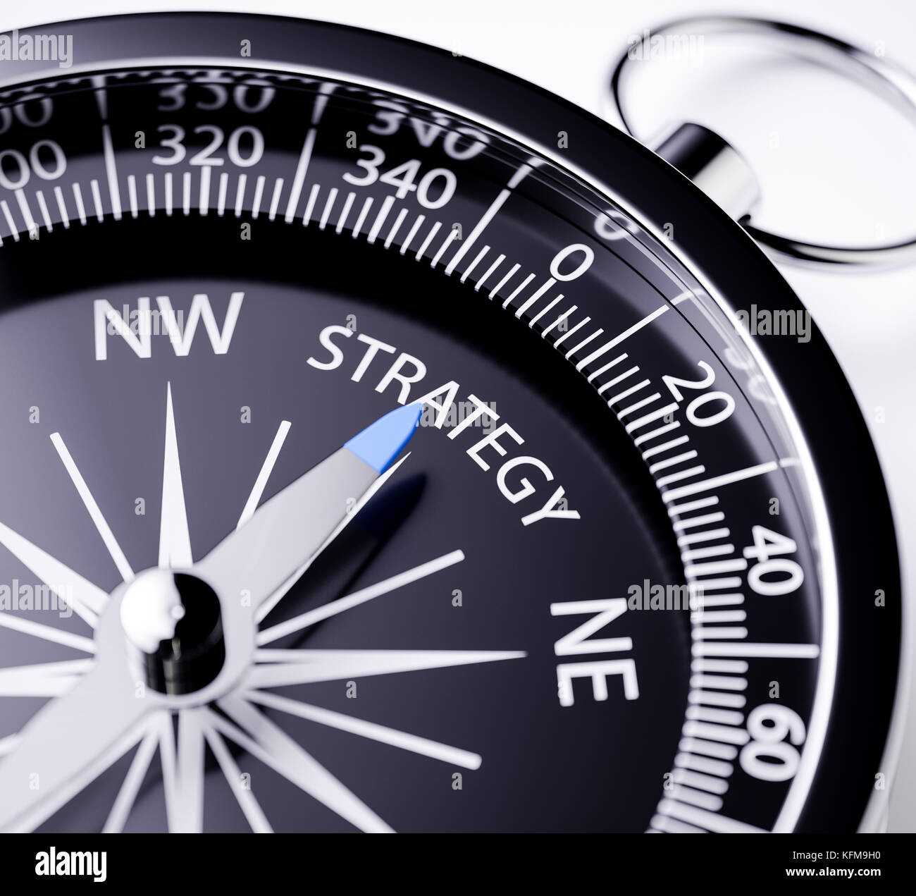 Kompass mit der Nadel, die auf das Wort Strategie zeigt. 3D-Rendering-Illustration mit Tiefenunschärfe-Effekt. Konzept des Erfolgs der Geschäftsstrategie Stockfoto
