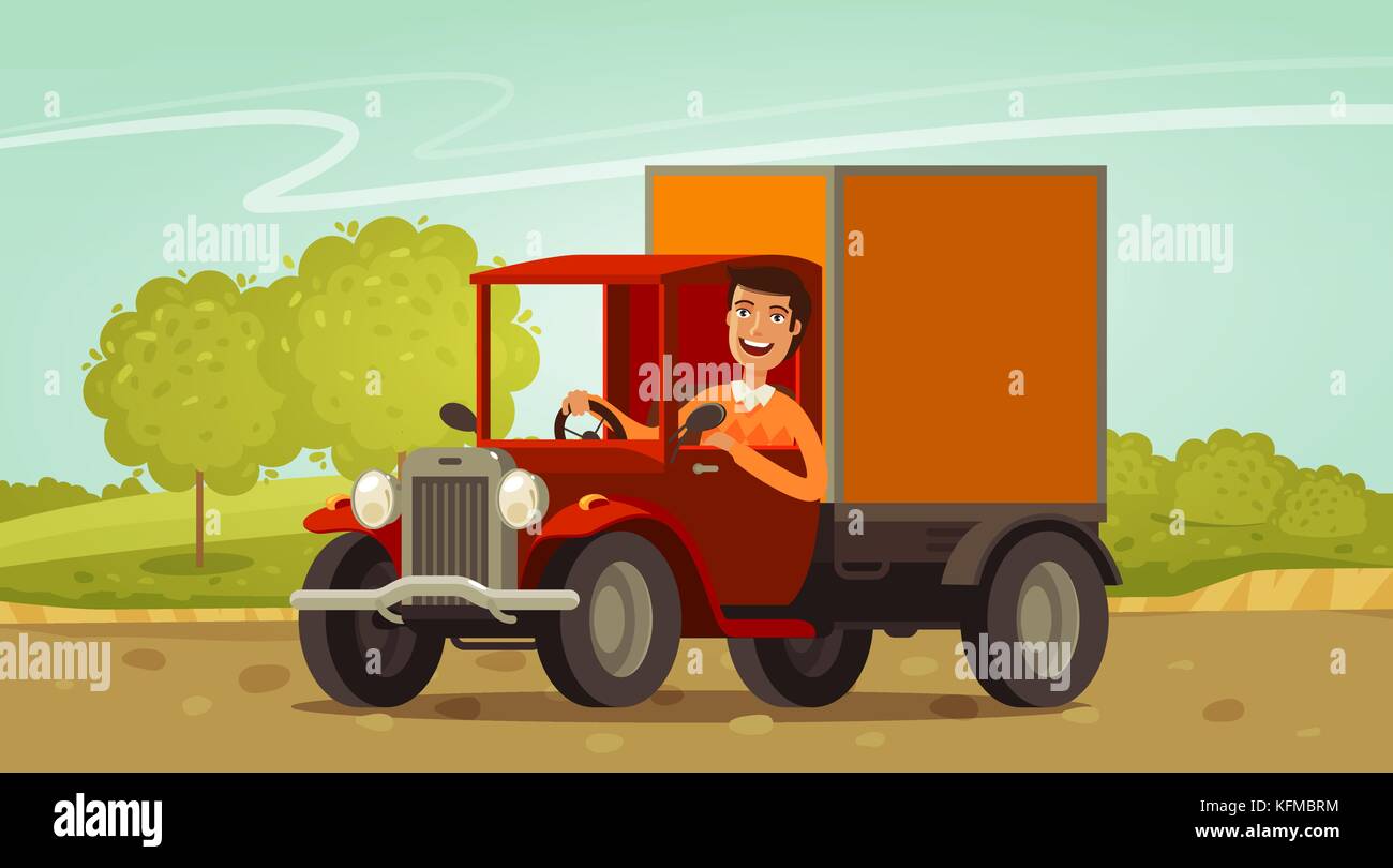 Glücklicher Fahrer fährt im Retro-Truck. Lieferung, landwirtschaftliches Konzept. Illustration des Zeichentrickvektors Stock Vektor